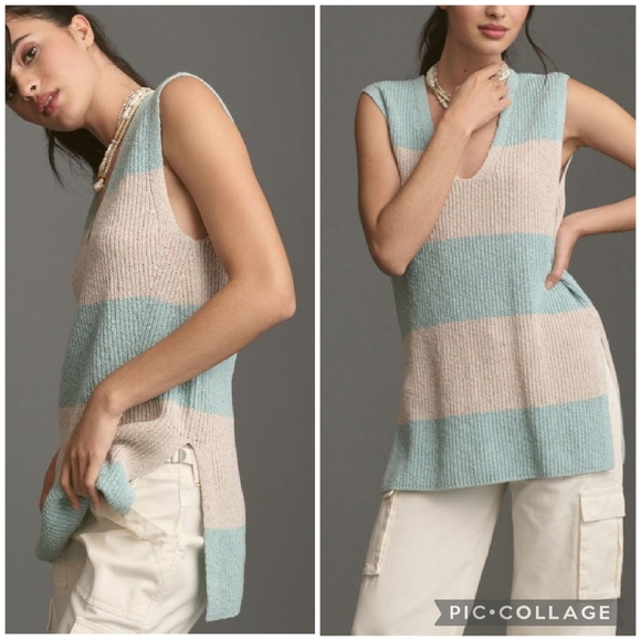 Anthropologie Pilcro Linen Silk Cotton Knit Stripe Split Side Tunic Sweater Vest - Picture 1 of 15